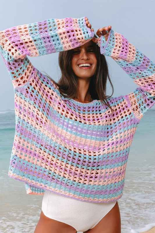 Stripe Open-Knit Beach Cover-Up Sweater