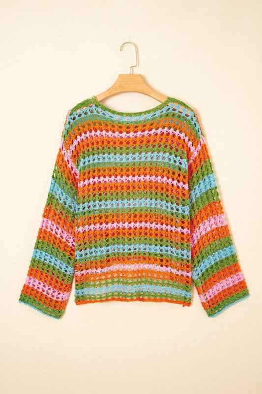 Stripe Open-Knit Beach Cover-Up Sweater