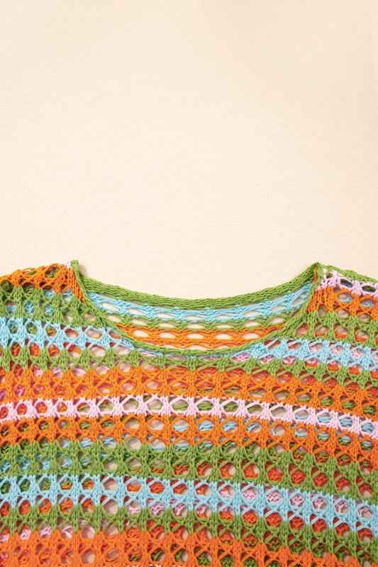 Stripe Open-Knit Beach Cover-Up Sweater
